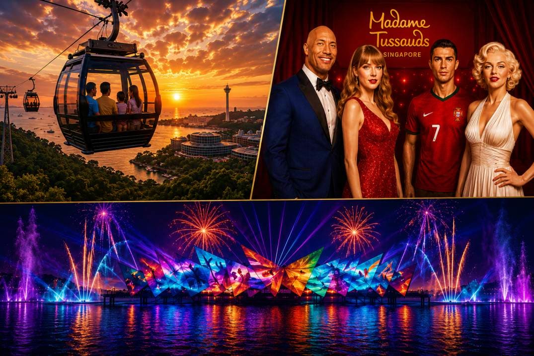 Sentosa Fun Pass experience collage showing cable car at sunset, Madame Tussauds wax figures, and colorful waterfront light s